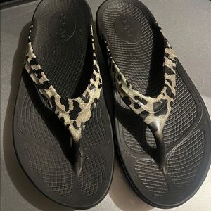 CROCS Black and Leopard Print Sandals